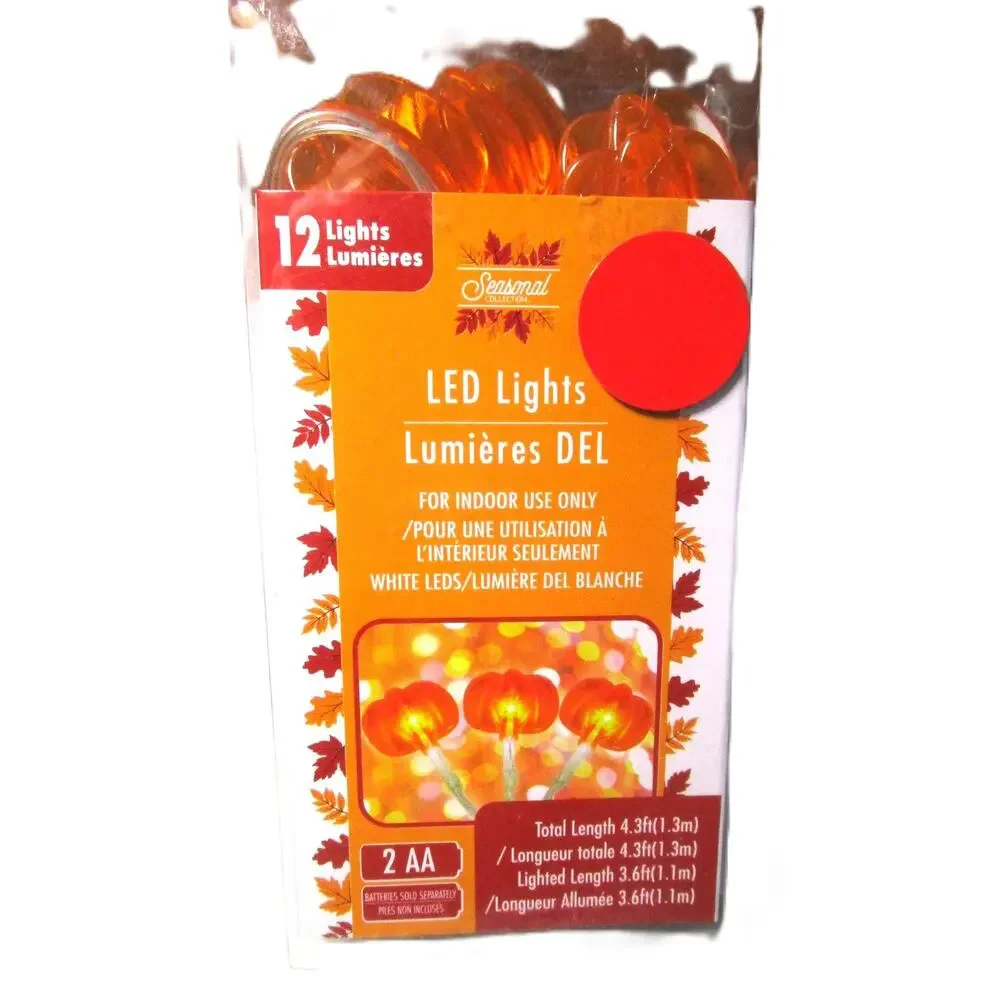 Autumn Halloween LED String Lights 12 Orange Pumpkins Battery Operated 4.3 Feet